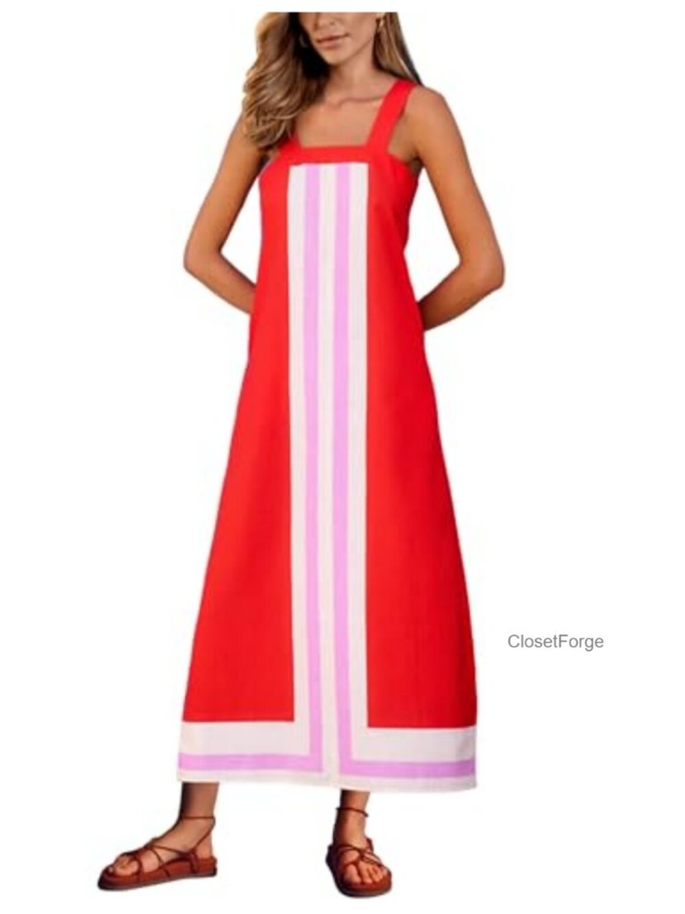 Bohemian Maxi Beach Coverup Dress Polyester Color Block Sleeveless Vacation